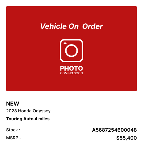 VEHICLE ON ORDER CARD