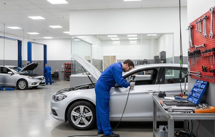 Technician inspecting a tire in the service bay
