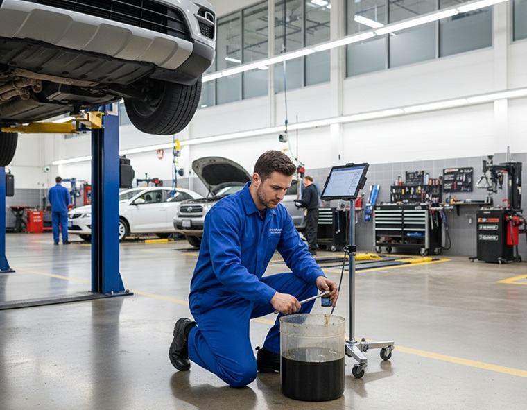 Technician inspecting the underside of a vehicle