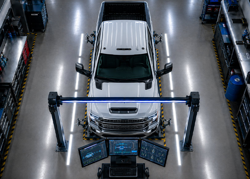 Technician inspecting the underside of a vehicle