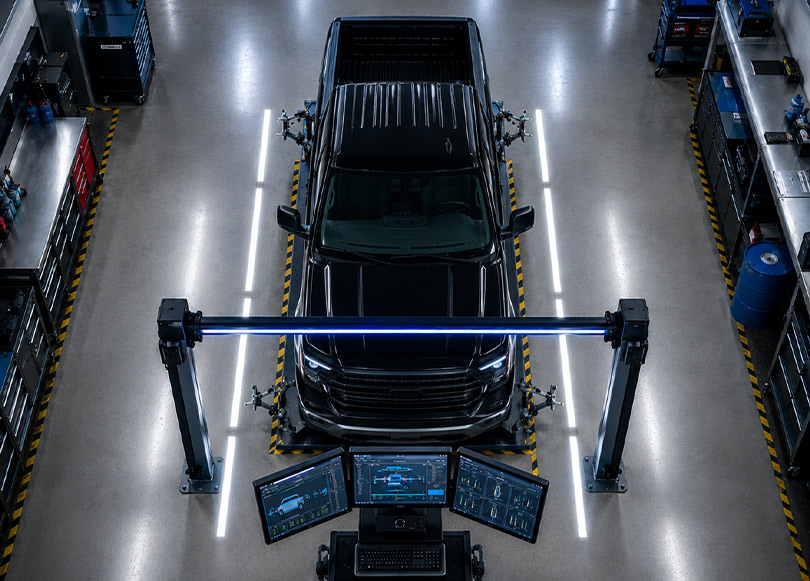 Technician inspecting the underside of a vehicle