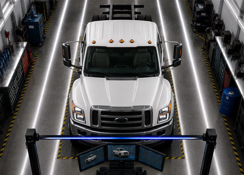 Technician inspecting the underside of a vehicle