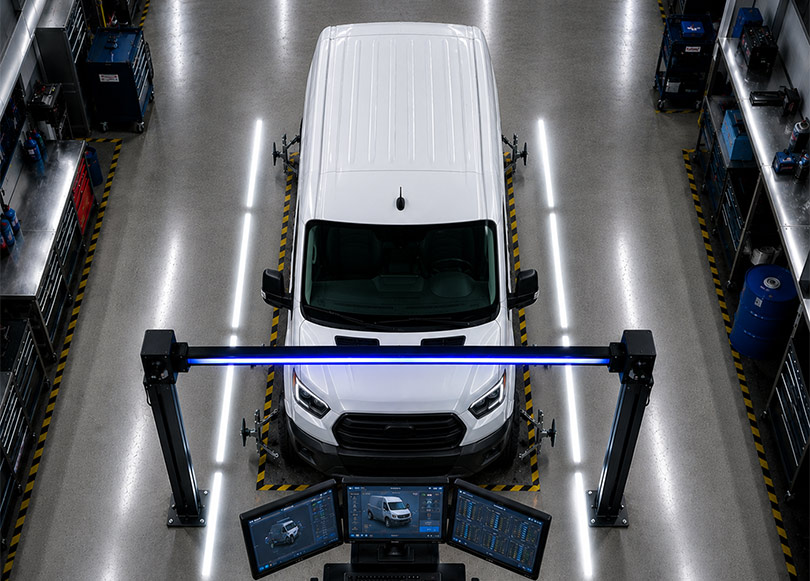 Technician inspecting the underside of a vehicle