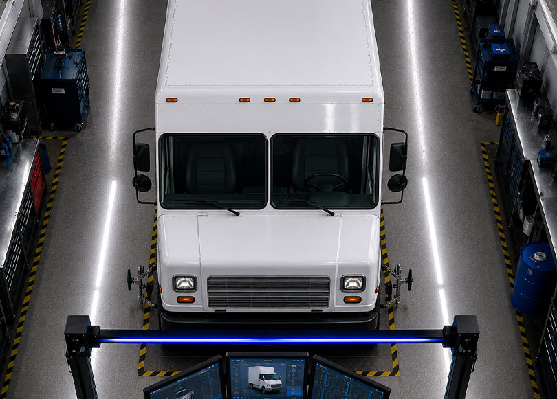 Technician inspecting the underside of a vehicle