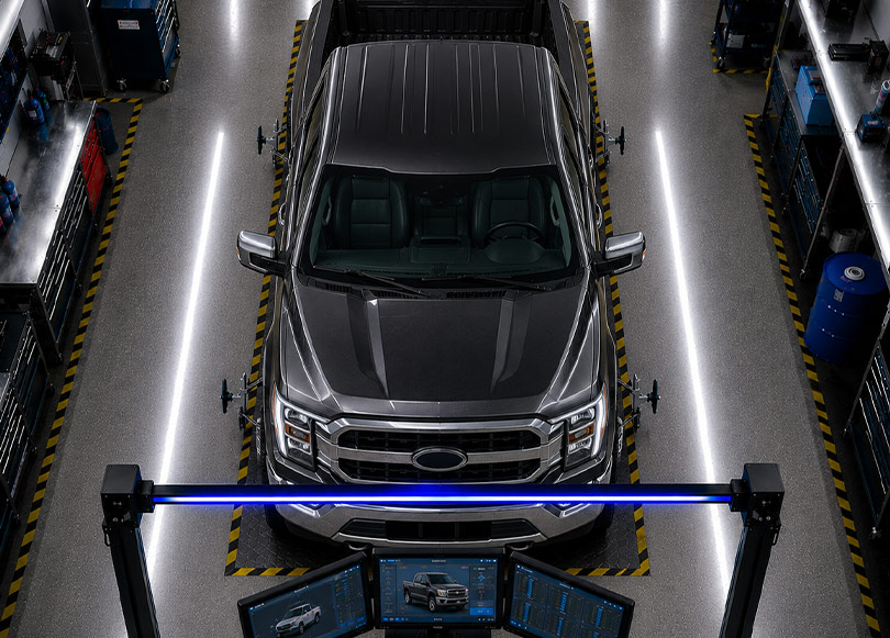 Technician inspecting the underside of a vehicle
