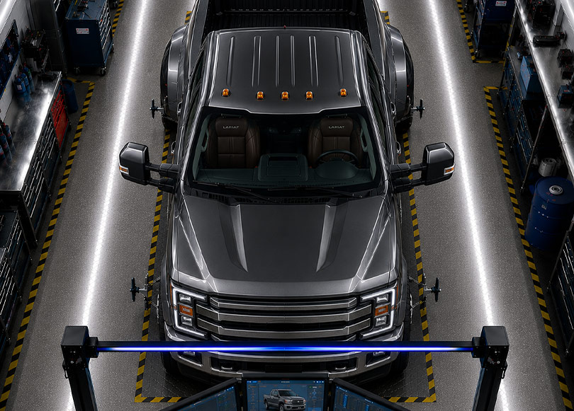 Technician inspecting the underside of a vehicle