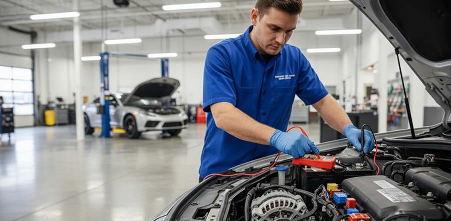Technician inspecting a tire in the service bay