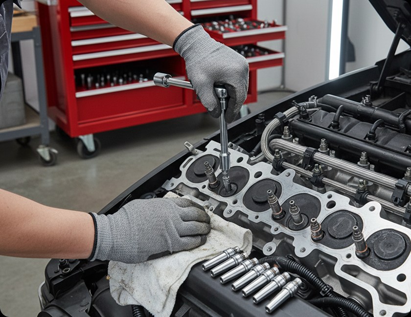 Technician inspecting the underside of a vehicle