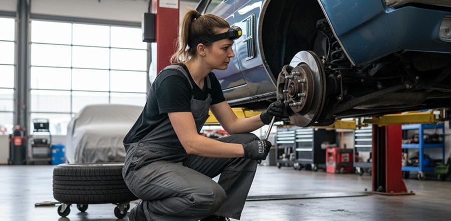 Technician inspecting a tire in the service bay