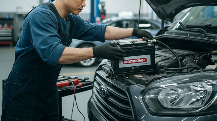 Technician inspecting a tire in the service bay