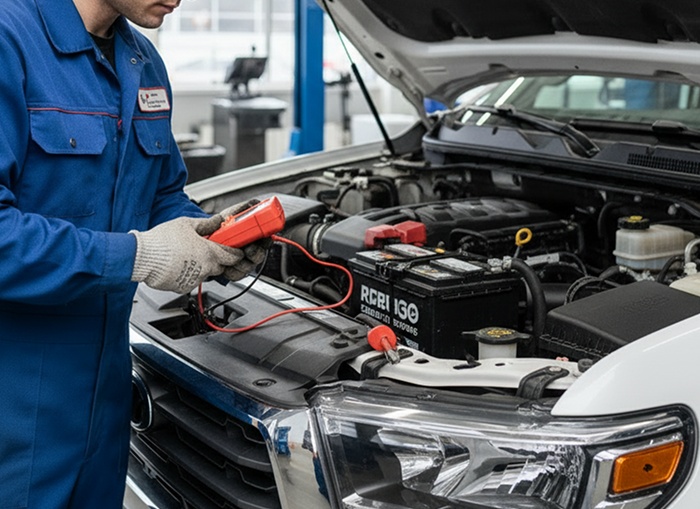 Technician inspecting the underside of a vehicle