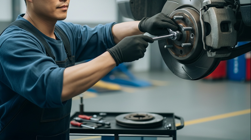 Technician inspecting a tire in the service bay
