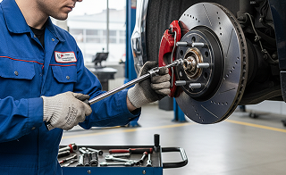 Technician inspecting the underside of a vehicle