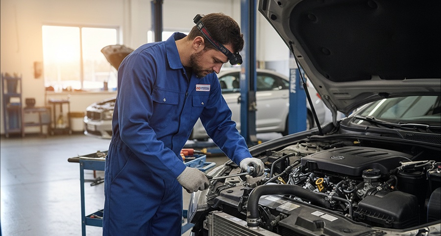 Technician inspecting a tire in the service bay