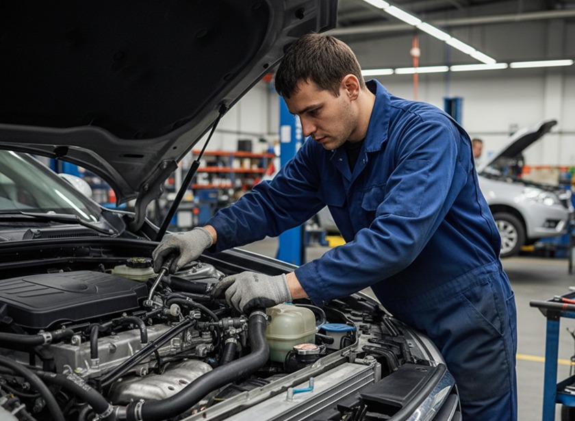 Technician inspecting the underside of a vehicle