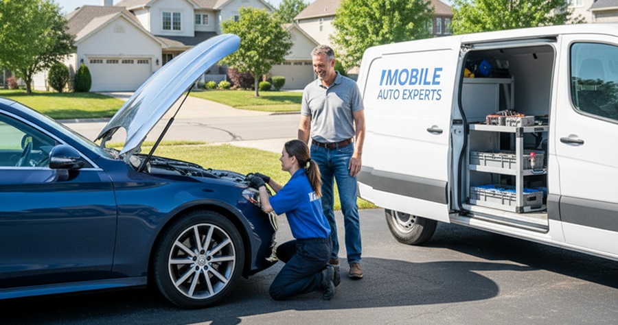 Technician inspecting a tire in the service bay