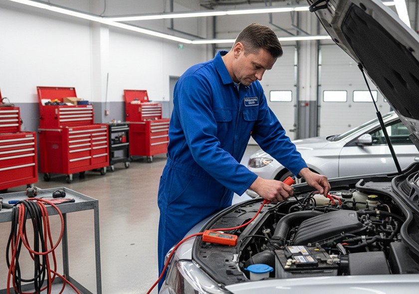 Technician inspecting the underside of a vehicle