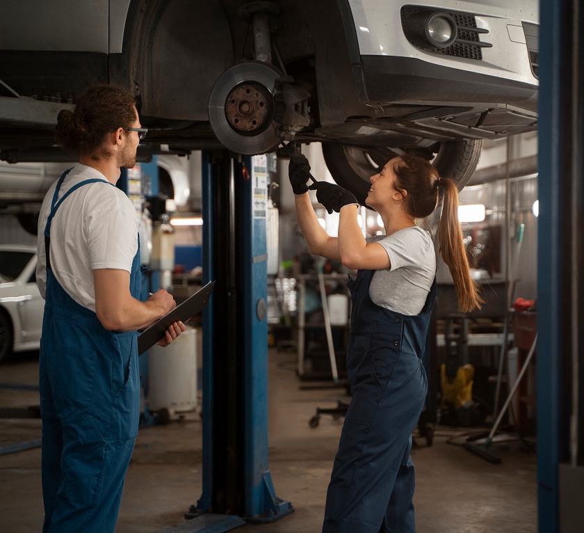 Ford truck on a lift in the service workshop
