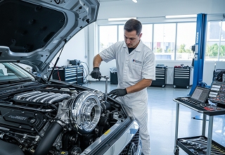 Technician inspecting a tire in the service bay