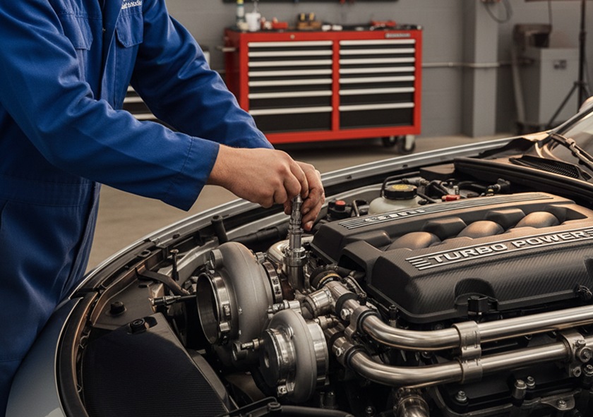 Technician inspecting the underside of a vehicle