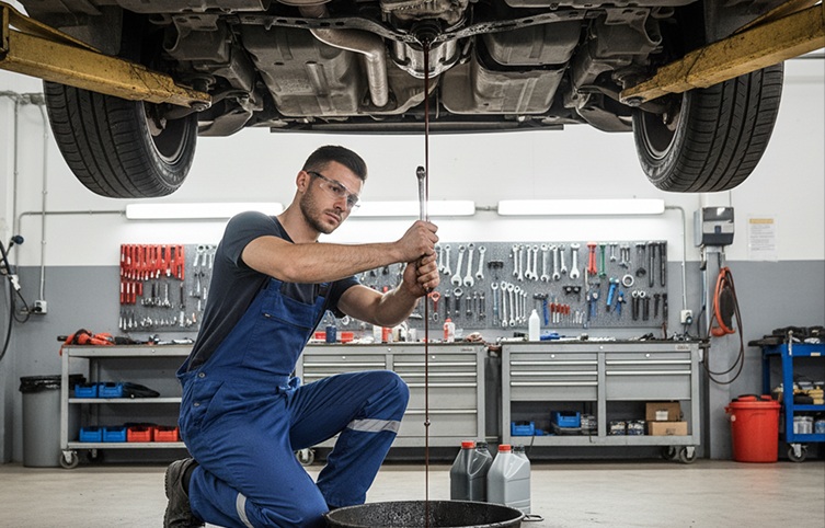 Technician inspecting a tire in the service bay