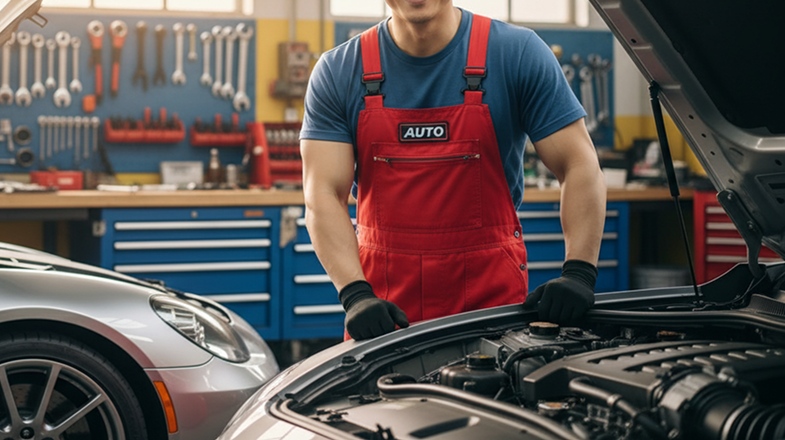 Technician inspecting a tire in the service bay
