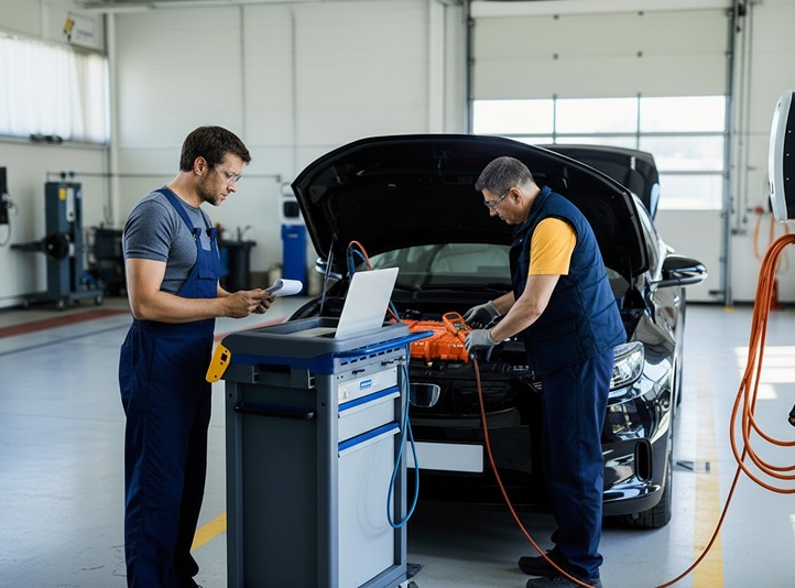 Technician inspecting the underside of a vehicle