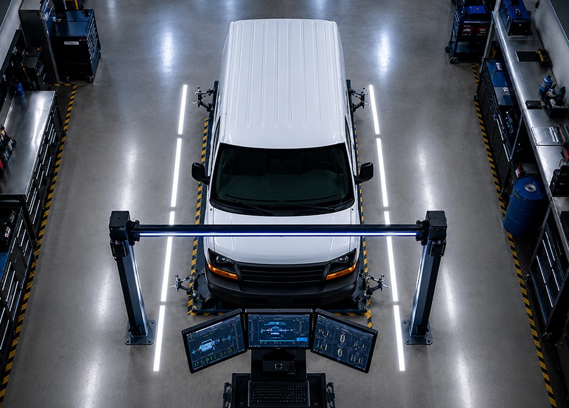 Technician inspecting the underside of a vehicle