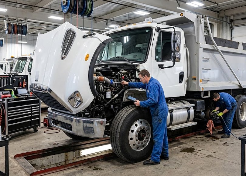 Technician inspecting the underside of a vehicle