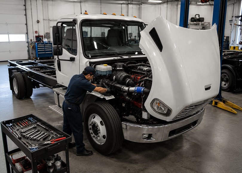 Technician inspecting the underside of a vehicle