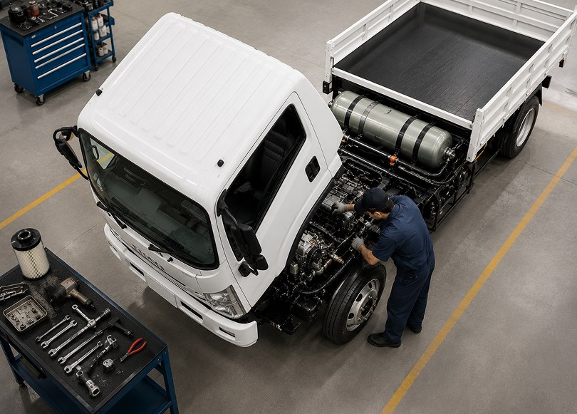 Technician inspecting the underside of a vehicle