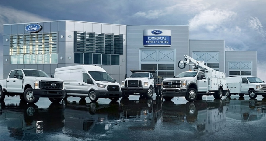 Ford Pro Elite fleet vehicles lined up outside the dealership