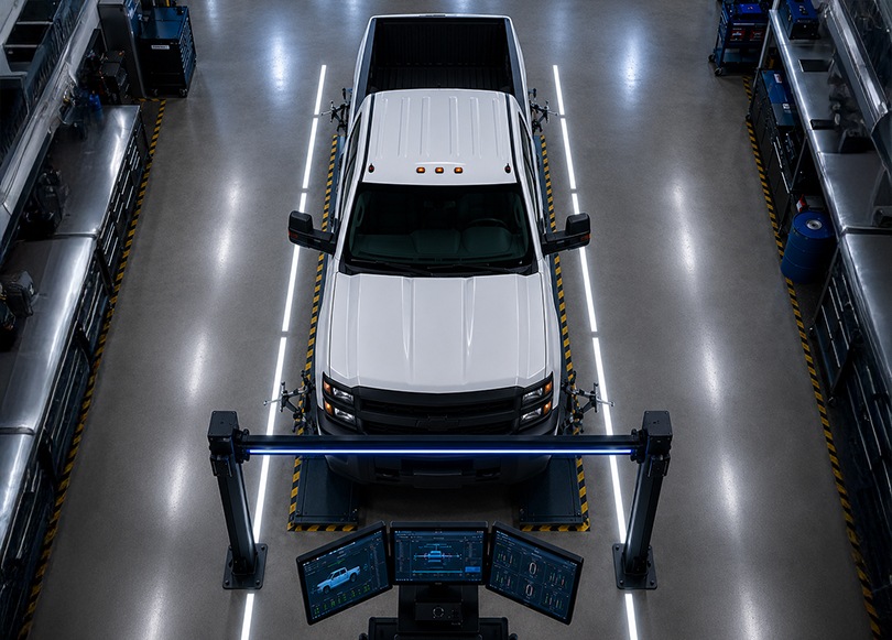 Technician inspecting the underside of a vehicle