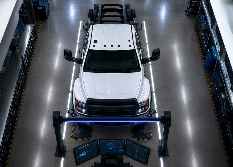 Technician inspecting the underside of a vehicle