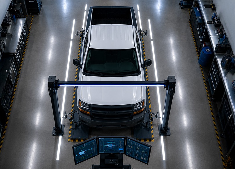 Technician inspecting the underside of a vehicle