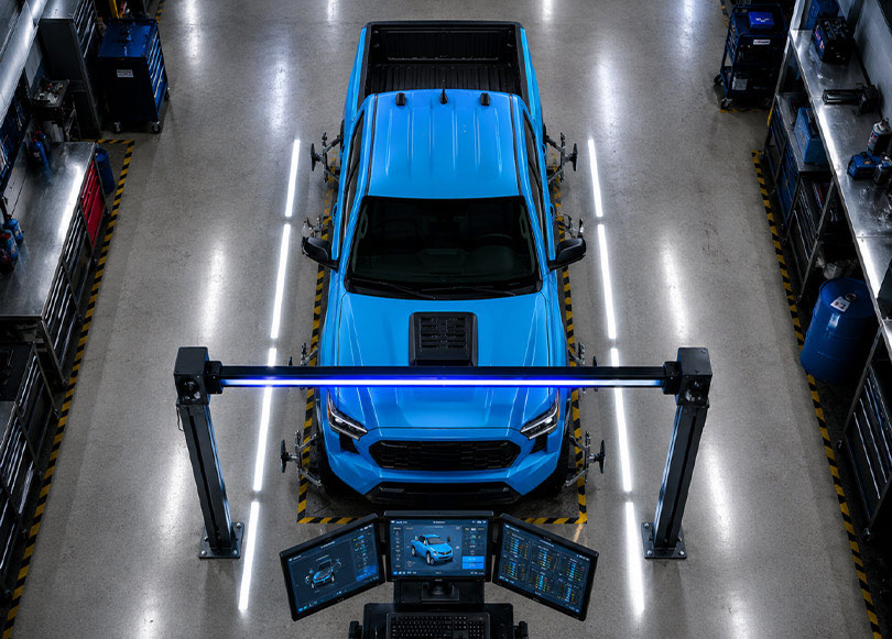 Technician inspecting the underside of a vehicle