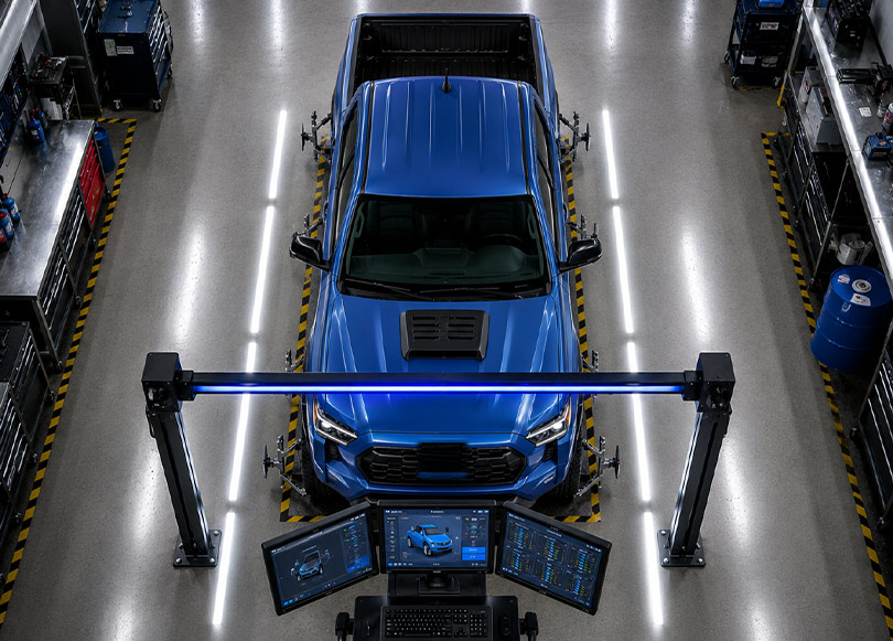Technician inspecting the underside of a vehicle