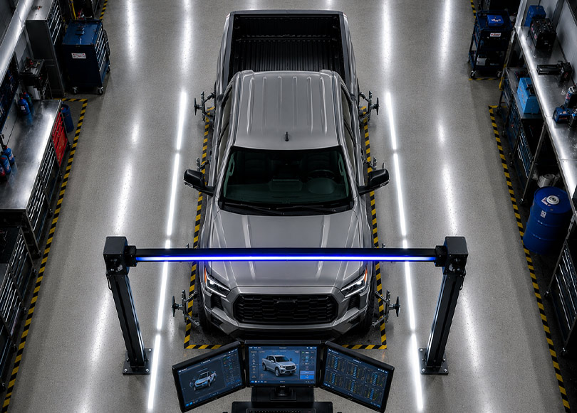 Technician inspecting the underside of a vehicle