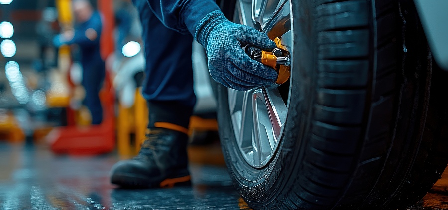 Technician inspecting a tire in the service bay