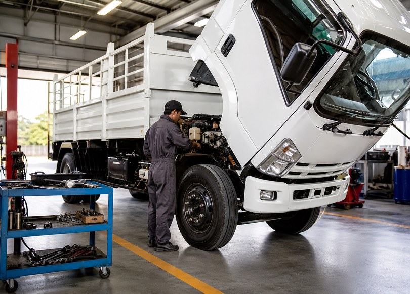 Technician inspecting the underside of a vehicle