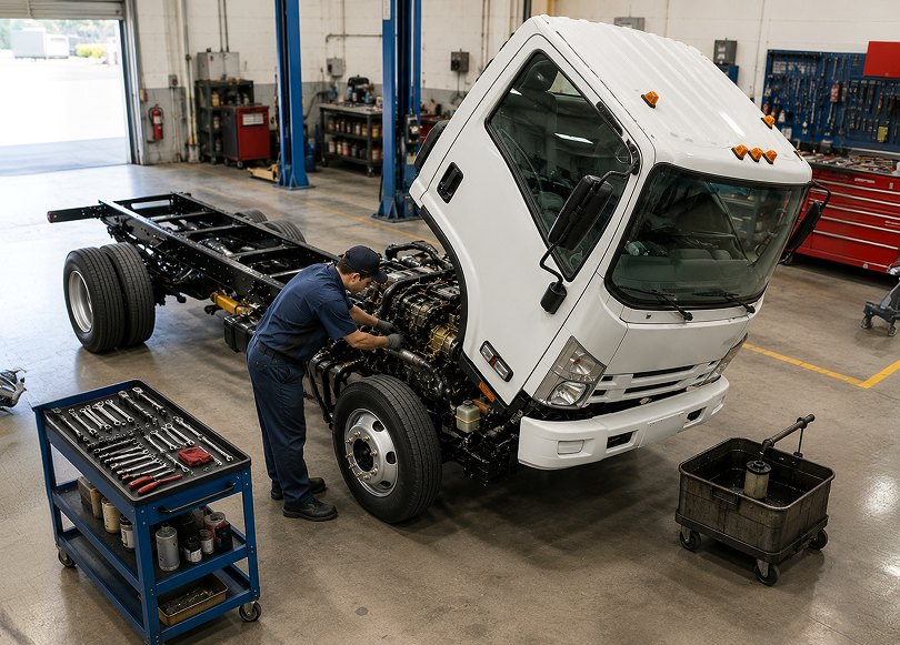 Technician inspecting the underside of a vehicle