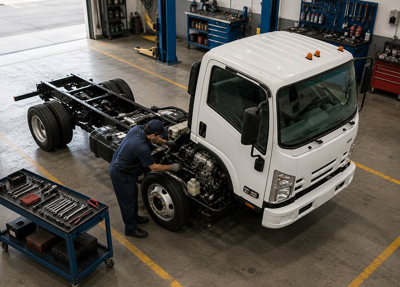 Technician inspecting the underside of a vehicle
