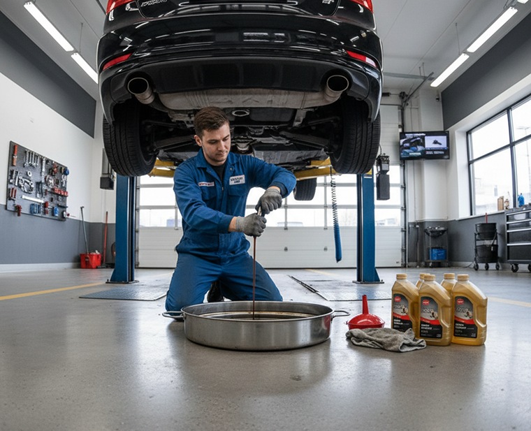 Technician inspecting the underside of a vehicle