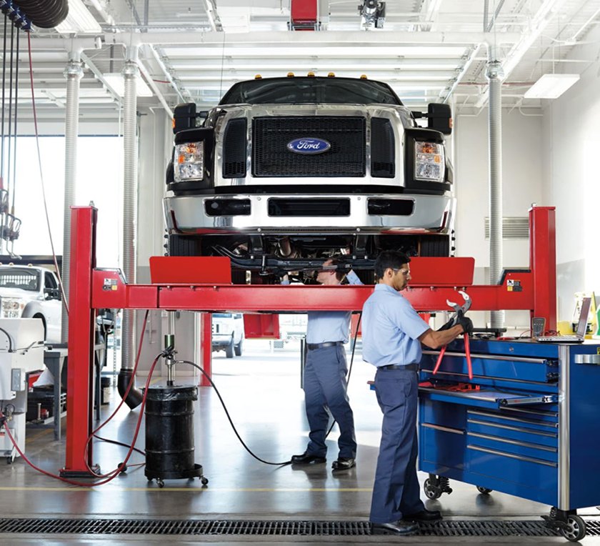 Ford truck on a lift in the service workshop