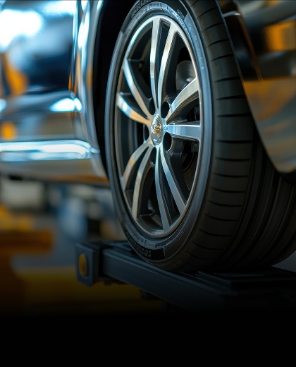 Close-up of a tire during wheel alignment